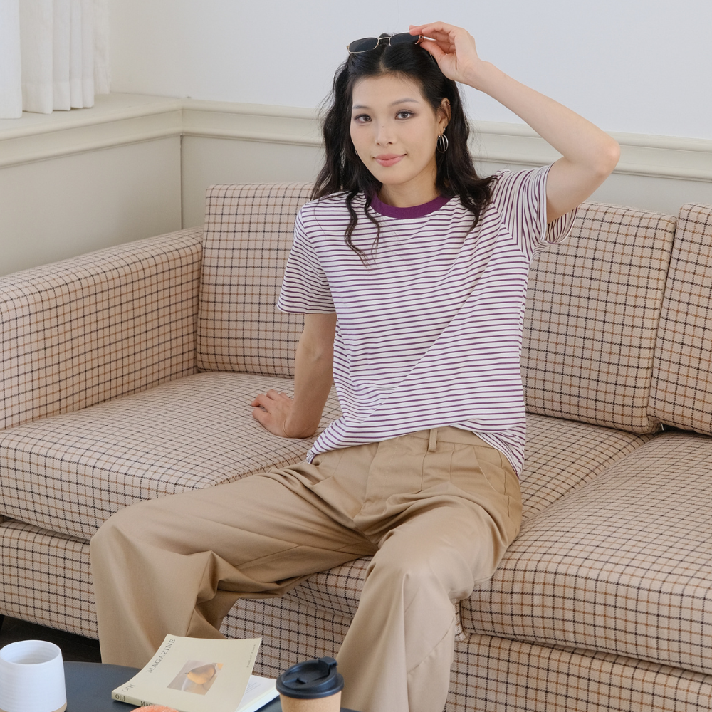 Striped Short Sleeve T-Shirt with Contrast Ribbed Collar – Casual & Chic Everyday Top 【A01-PURPLE】