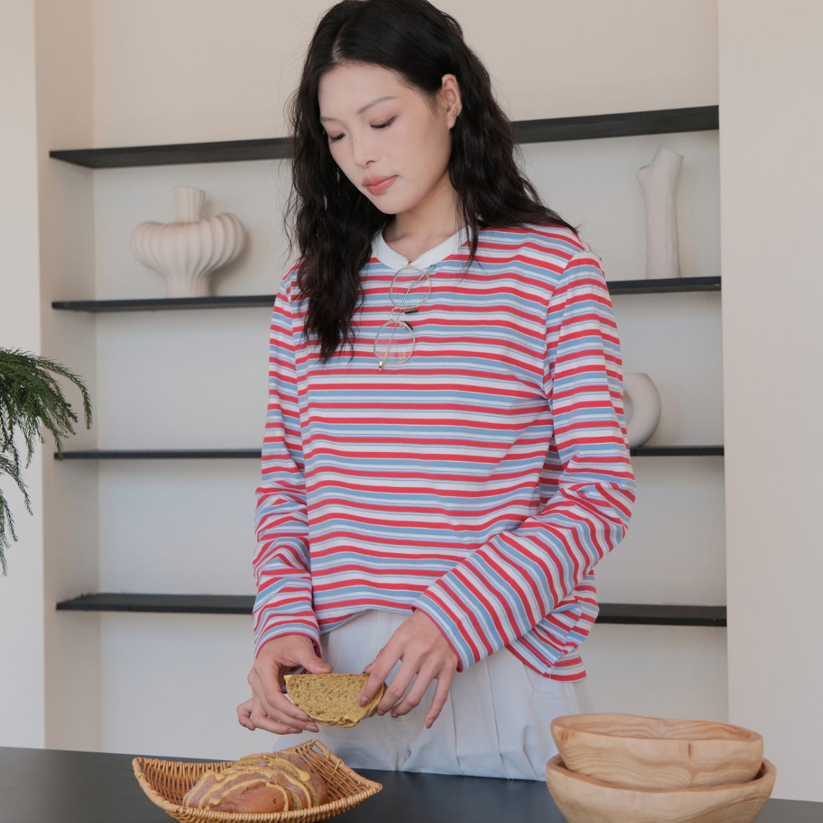 Striped Long-Sleeve Top | Casual Loose Fit, Round Neck, Breathable Fabric 【J50-RAINBOW-WHITE】