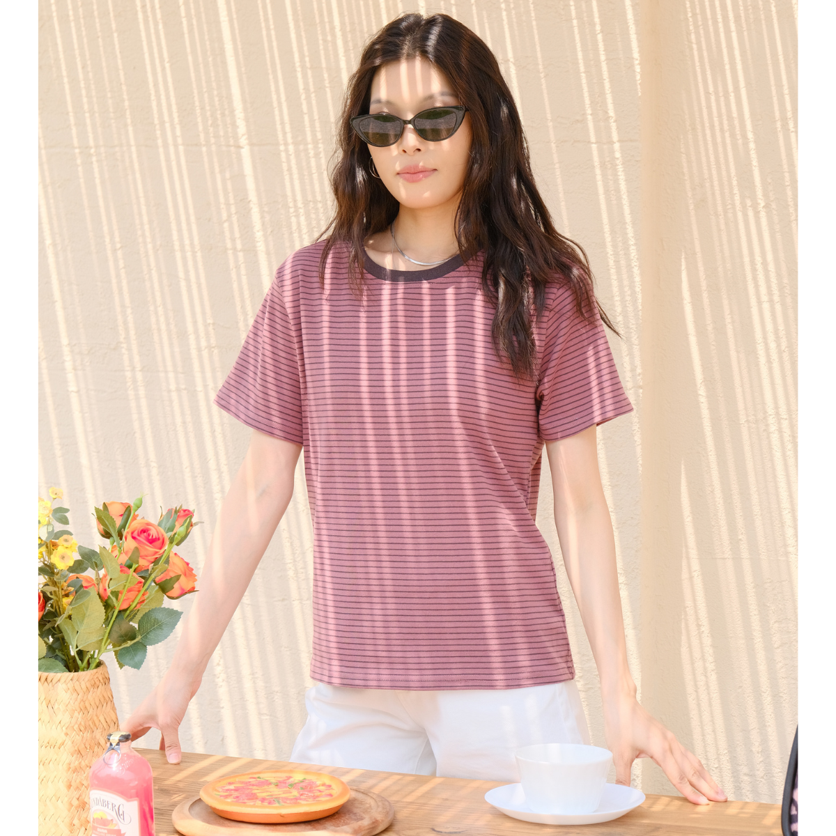 Striped Round Neck Short Sleeve Purple T-Shirt – Casual & Chic for Everyday Wear 【A05-PURPLE】