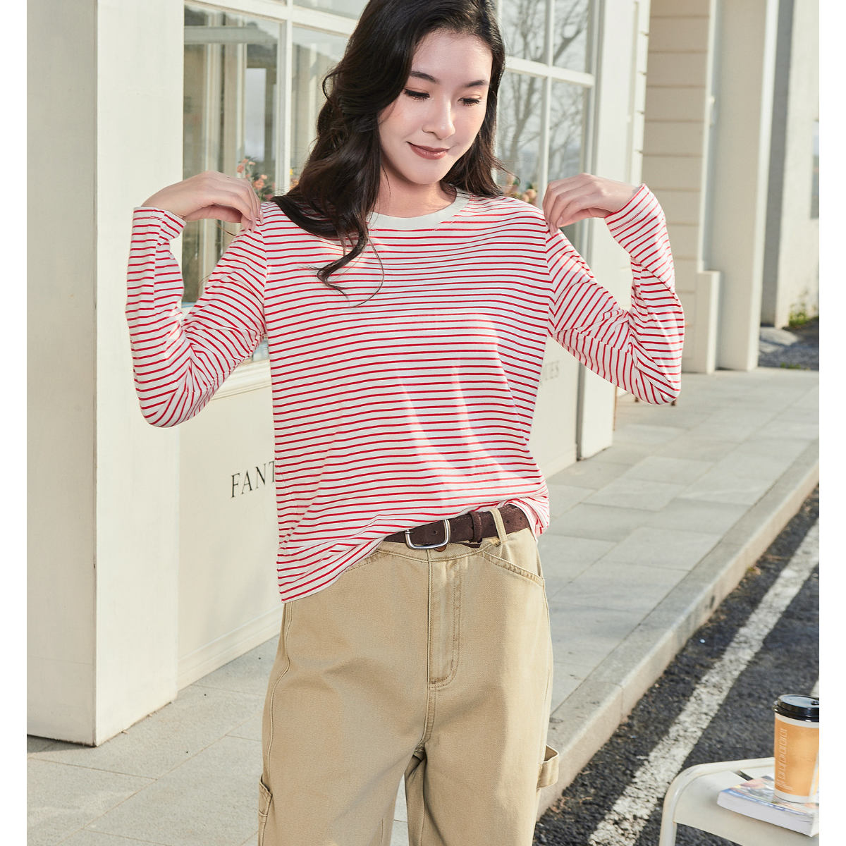 Red & White Striped Oversize Long Sleeve Tee for Women | Casual Basic Top 【J31-RED】