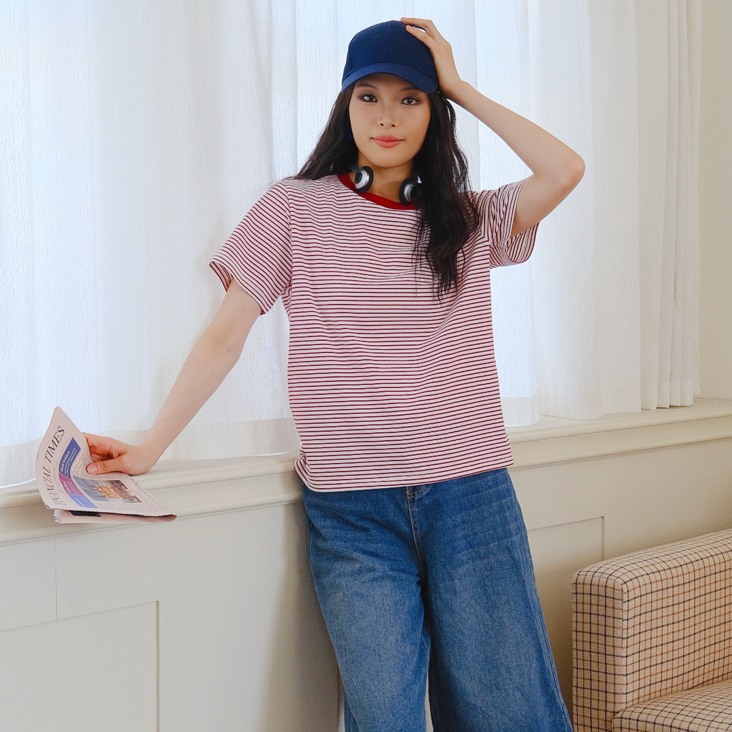 Striped Short-Sleeve Top | Casual Loose Fit | Round Neck Tee 【A01-DARK RED】