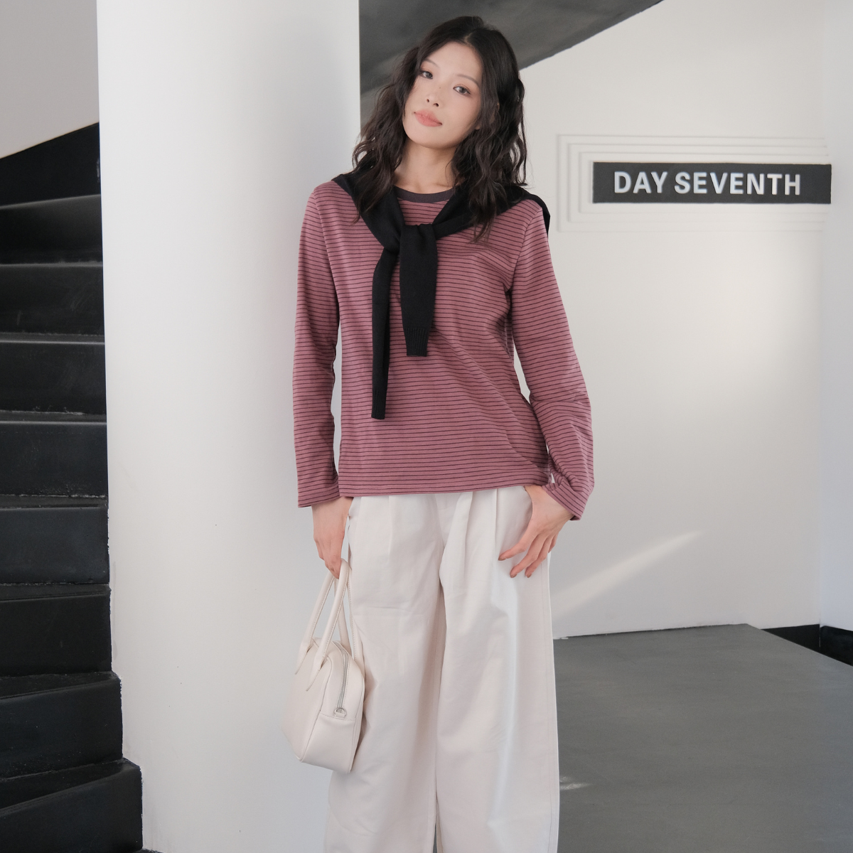 Vintage Striped Long - Sleeve T - Shirt 【J201-ROSE】