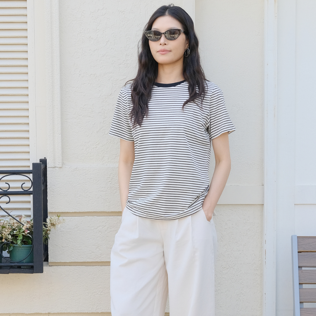 Women’s Black & White Striped Ringer Short Sleeve Tee 【A01-B/White】