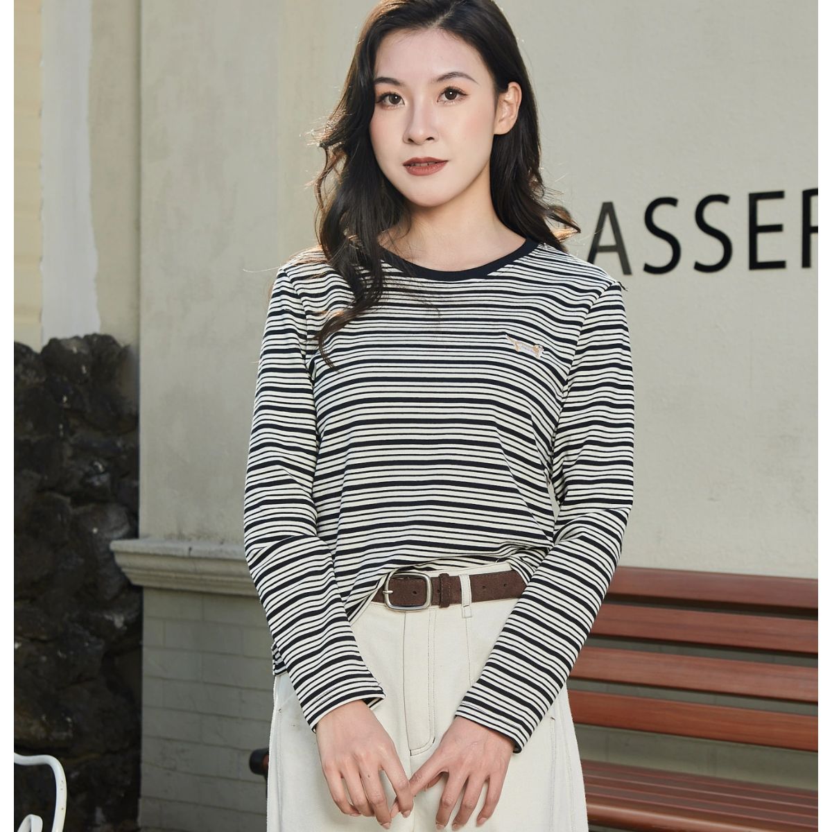Women Striped Long Sleeve Top Casual Black White Stripes Shirt Blouse Ladies Basic 【J38-BLACK】