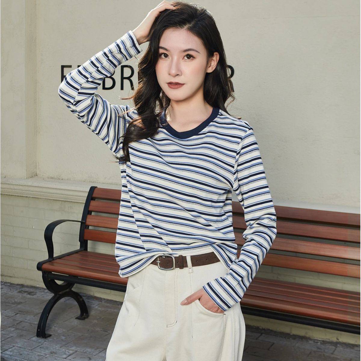 Women's Striped Long-Sleeve Crewneck Top | Casual Slim-Fit Tee for Daily Wear【J42-BLUE】