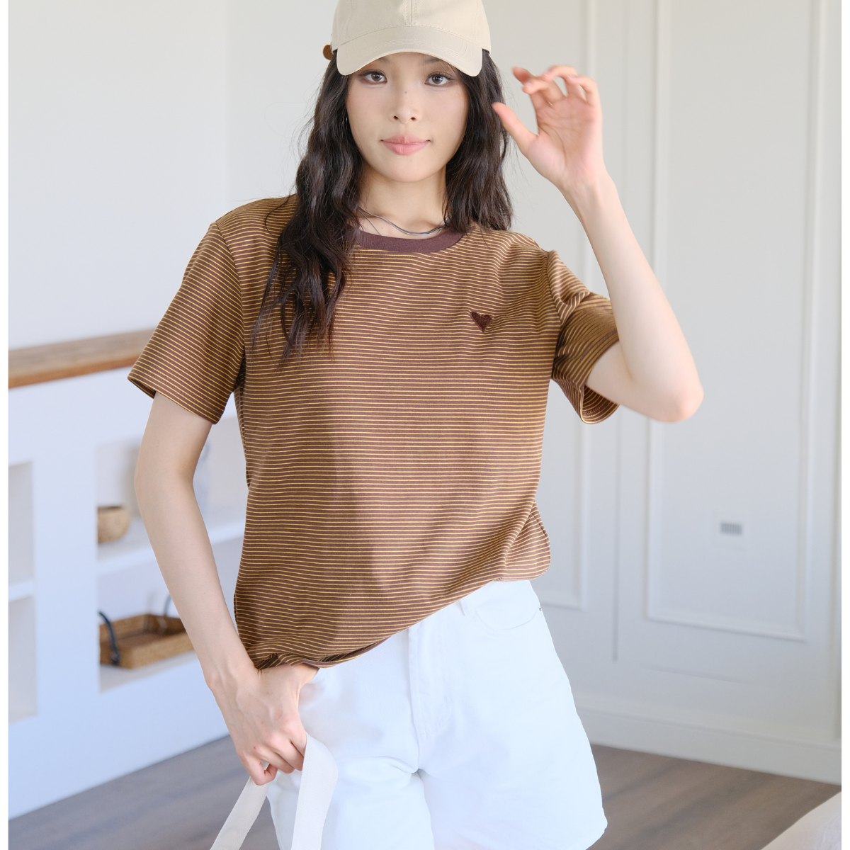 Women's Striped  T-Shirt Embroidered heart- Casual Breathable Short Sleeve Top 【A45T-Brown Heart】