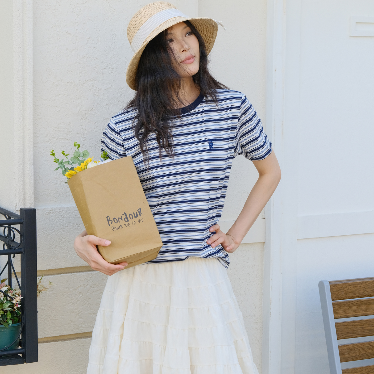 Classic Striped Crewneck Tee with Embroidered “R” – Effortless Summer Style! 【A106-Blue】