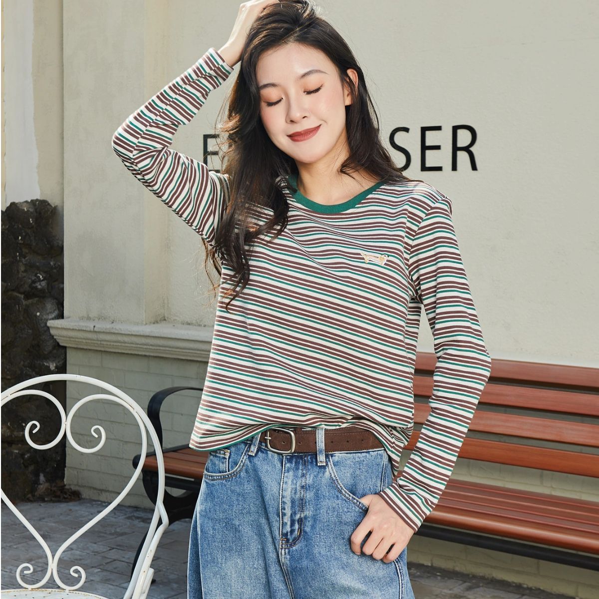 French Blue & White Striped Tee with Embroidered Puppy Long Sleeve Top【J38-GREEN】