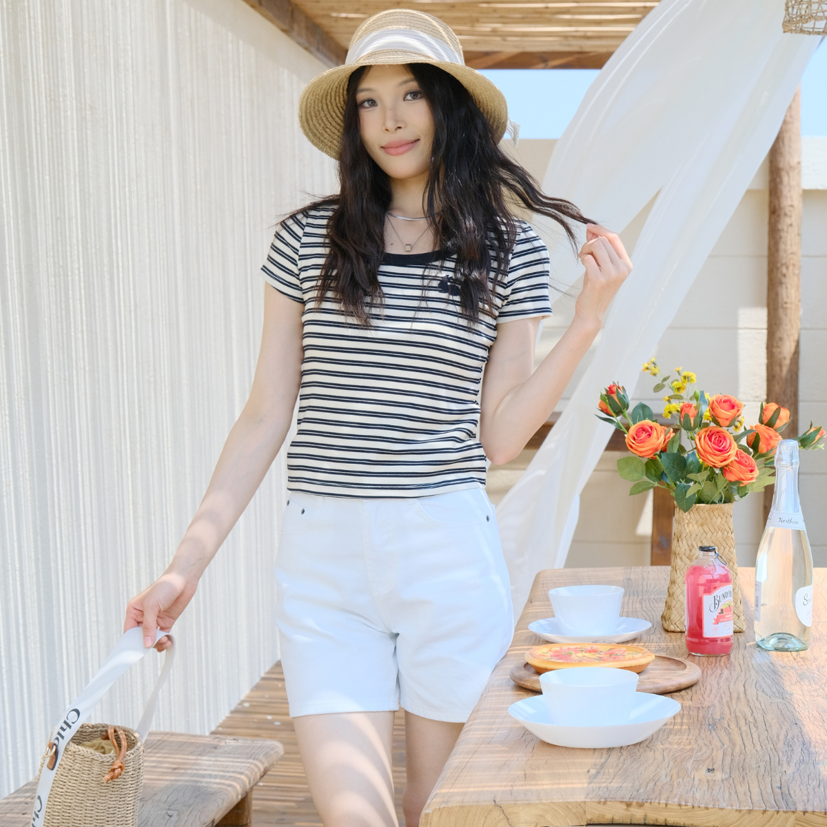 Women's Striped Short Sleeve T-Shirt with Rabbit Embroidery – Casual Summer Top for Daily Wear & Vacation【A103-BLACK】