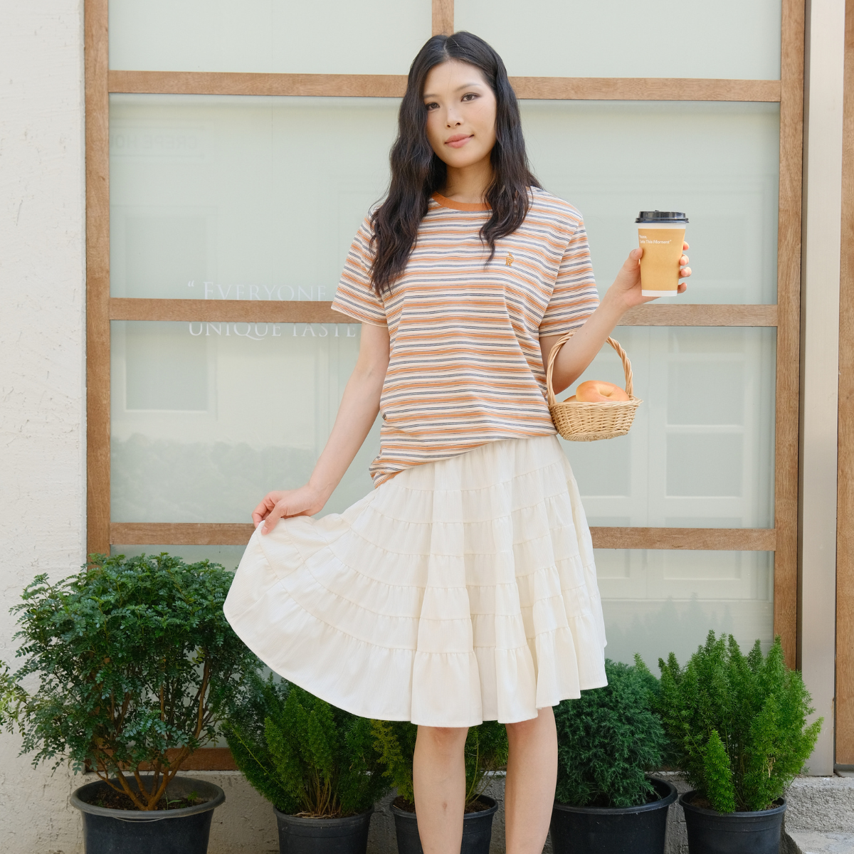 Vivid Orange Embroidery T-Shirt Casual Striped Round-Neck Short-Sleeve top 【A106-ORANGE】
