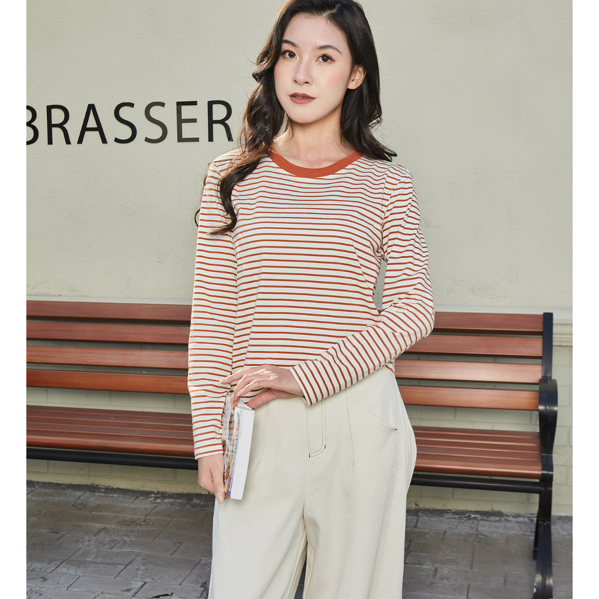 French Striped Contrast-Trim Tee | Casual Long-Sleeve Knit Top 【J31-ORANGE】