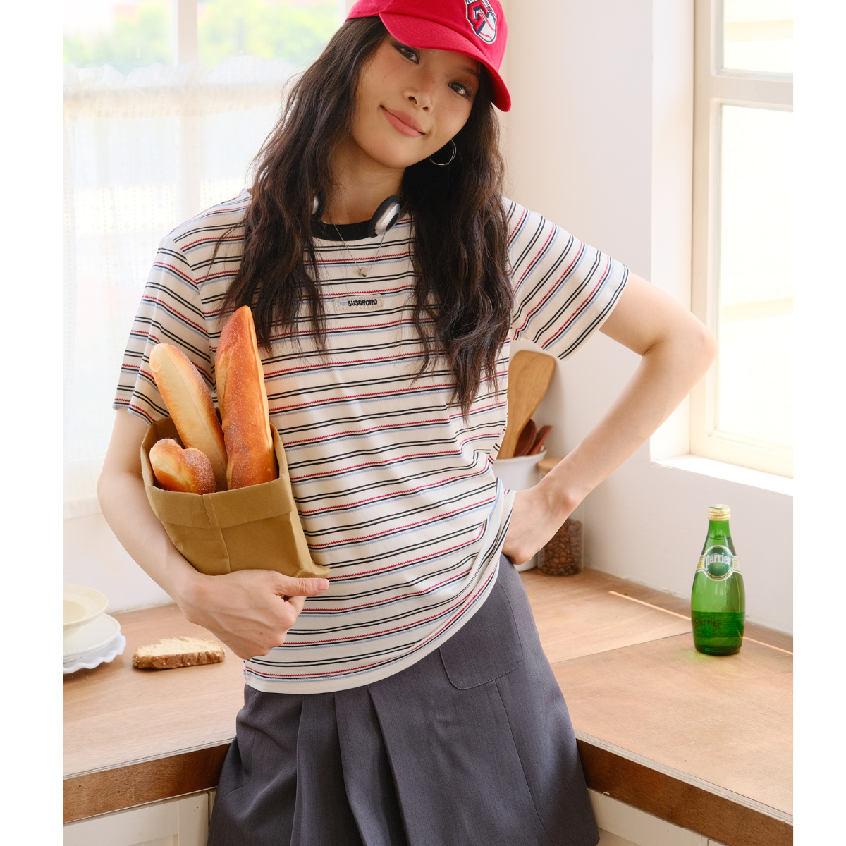Trendy Striped Short-Sleeve T-Shirt with English Letter Embroidery 【A102-E】