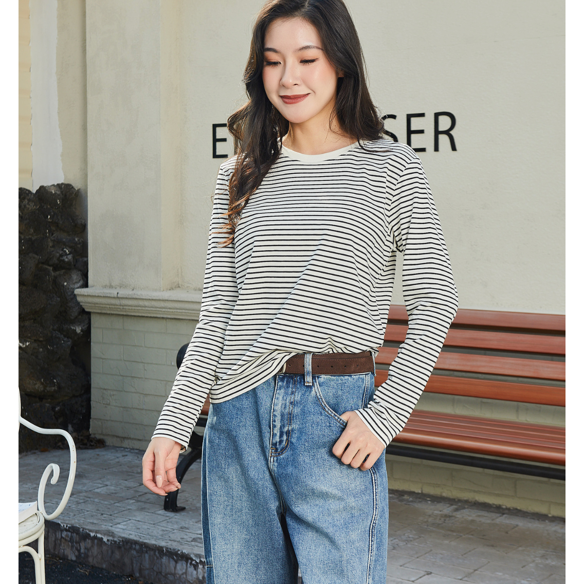 French Striped Long-Sleeve T-Shirt | Autumn/Winter Harajuku Casual Oversize Top 【J31-BEIGE】