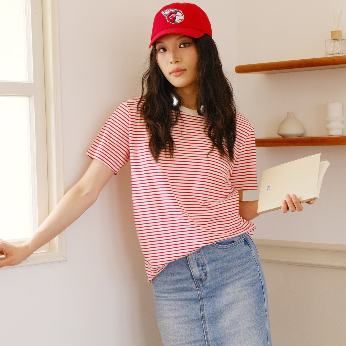 Women’s Red & White Striped Crew Neck T - Shirt | Front Knot, Short Sleeve, Casual Summer Top  #A07-RED/W