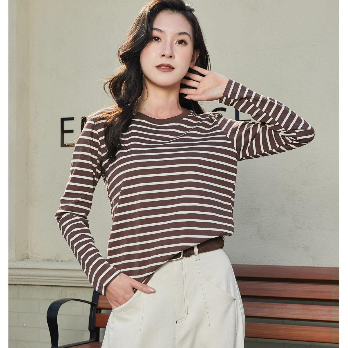 French Retro Brown & White Striped Long Sleeve T-shirt 【J39-COFFEE】