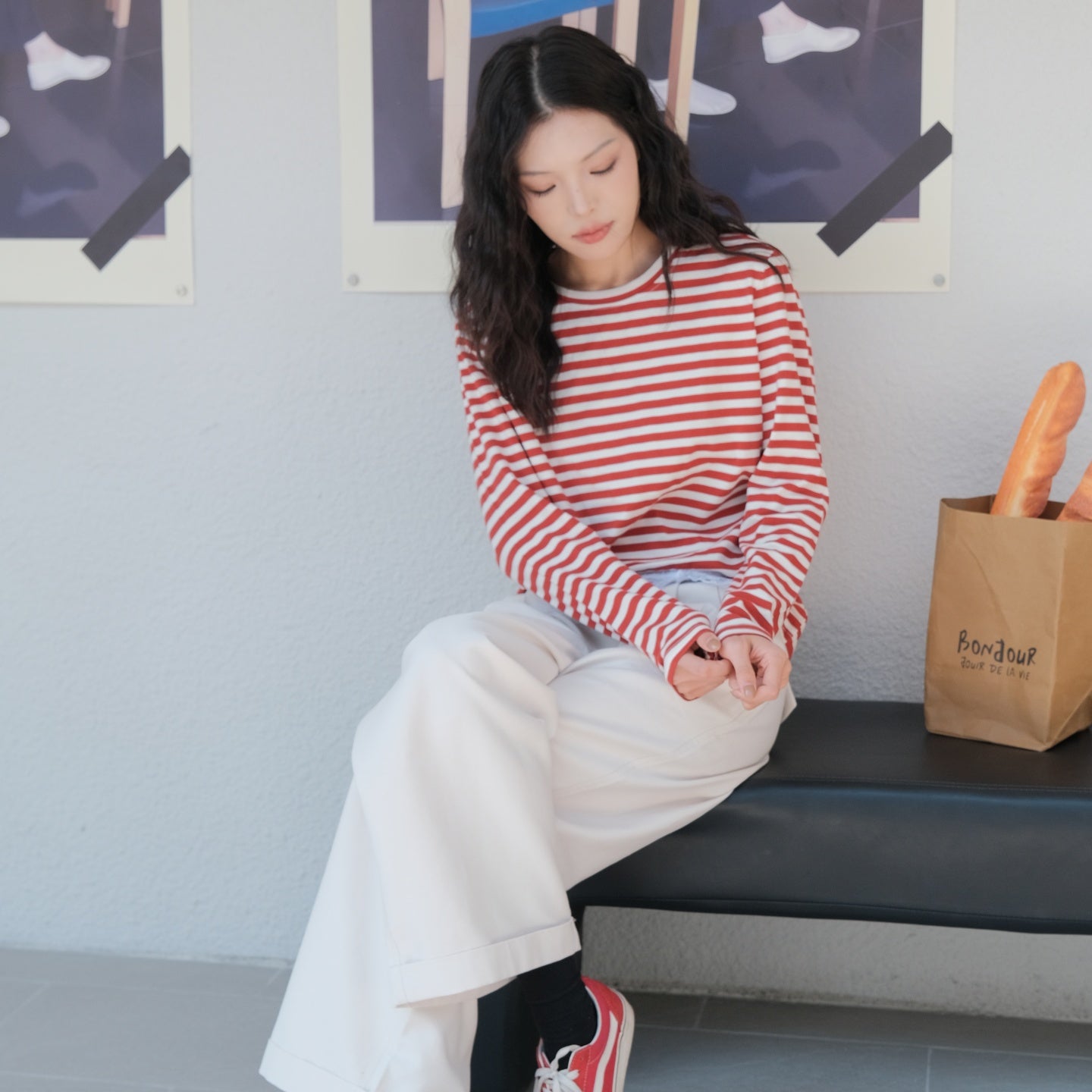 Women's Retro Striped Long-Sleeve T-Shirt | Casual Loose Crew Neck Top【J01-RED】