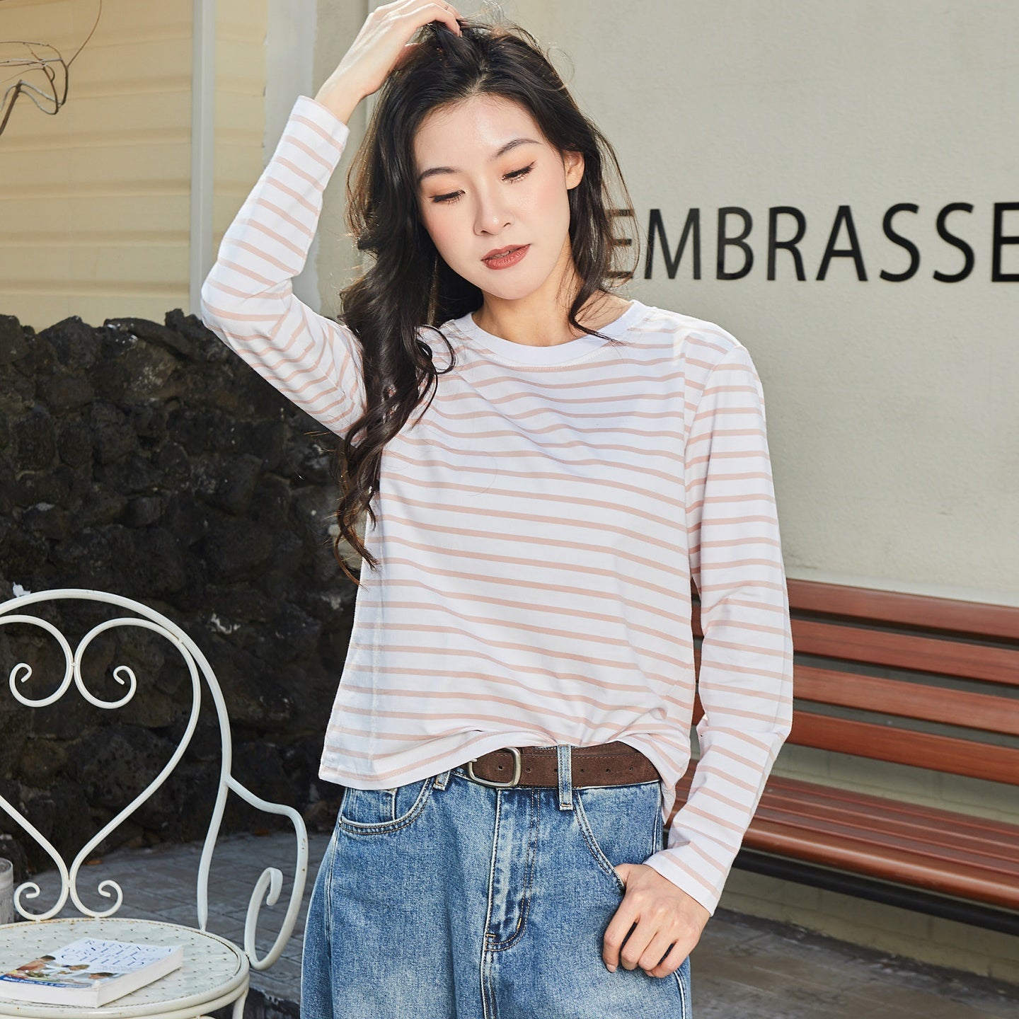 Women Striped Long-Sleeve T-Shirt | Casual Loose Crew Neck Top 【J36-PINK】